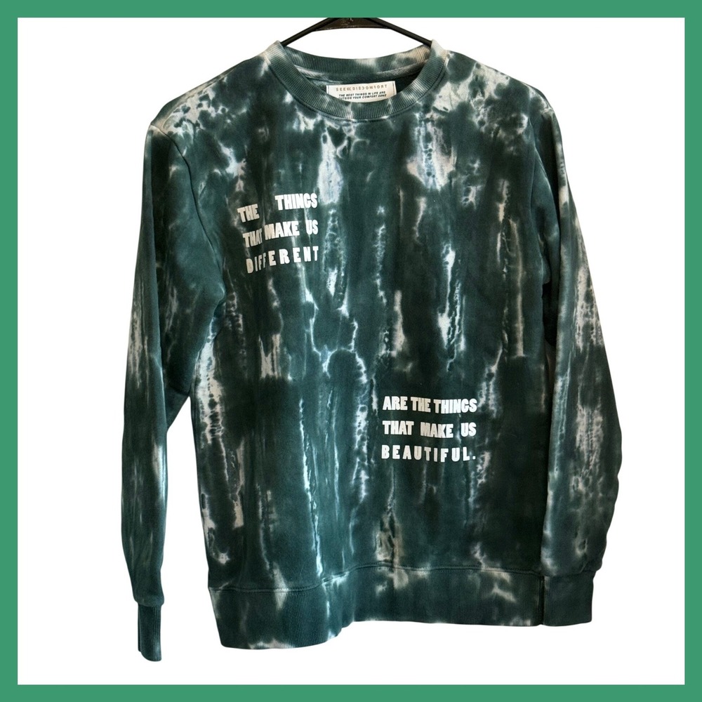 NWOT Seek Discomfort Tie Dye Sweatshirt Green White Quote Mens XS Crewneck Yes
